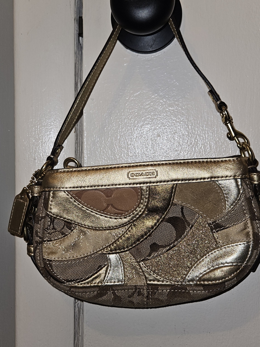Coach Metallic Patchwork Shoulder Bag in Gold/Brown - Picture 2 of 5